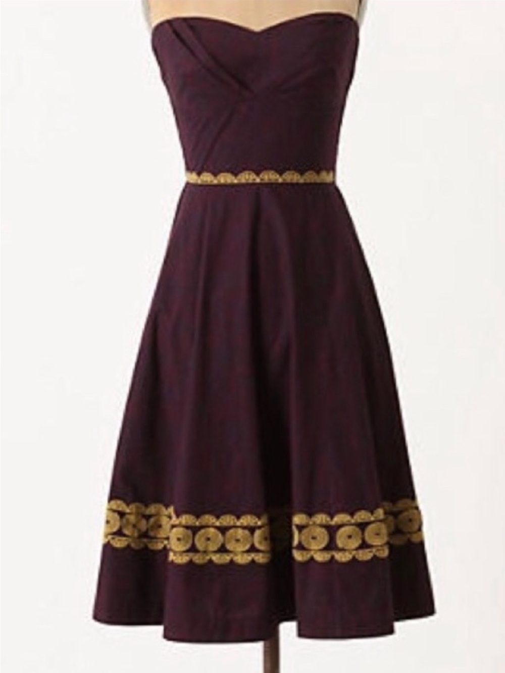 Anthropologie Girls from Savoy Aubergine Sky strapless dress with Gold Trim 8